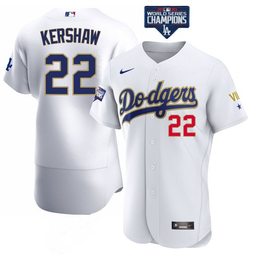 Men's Los Angeles Dodgers #22 Clayton Kershaw White Gold MLB Championship Flex Base Sttiched Jersey Men's Los Angeles Dodgers #22 Clayton Kershaw White Gold MLB Championship Flex Base Sttiched Jersey